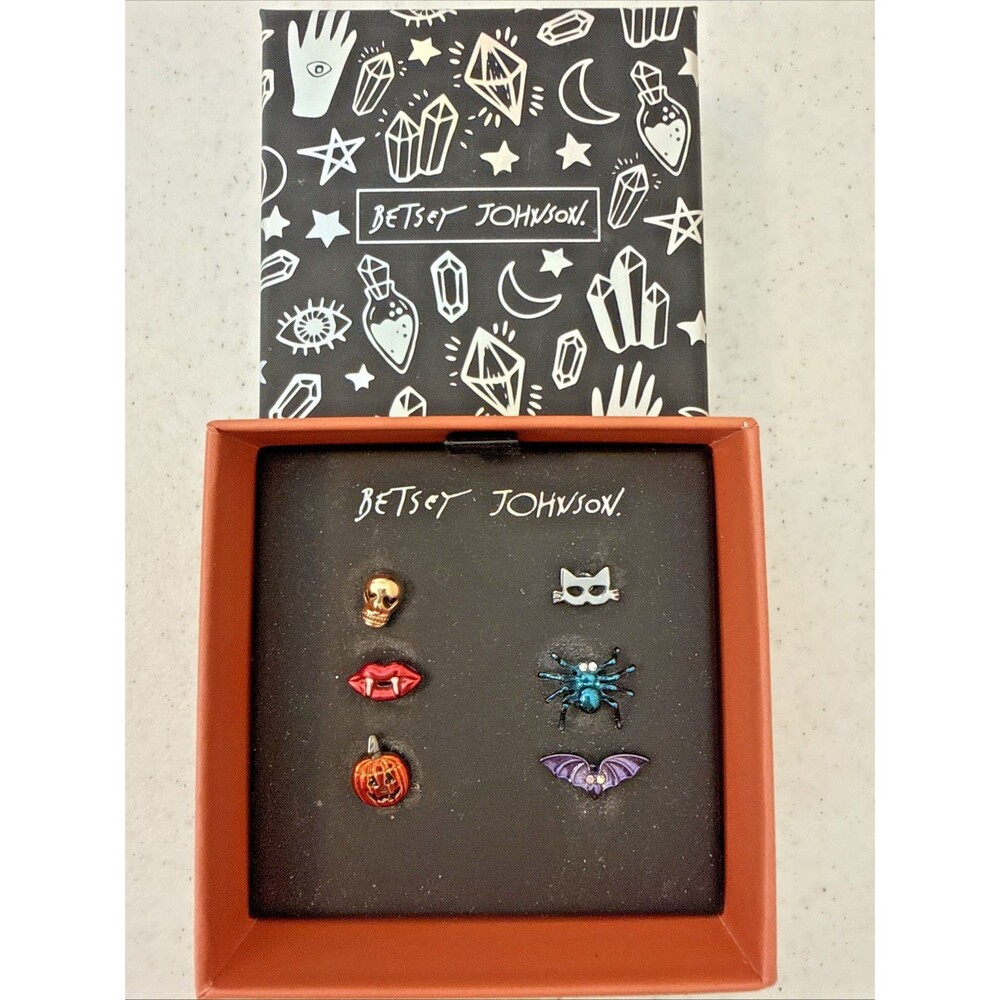Betsey Johnson 6PC Halloween Stud Earring Set Crystal Accents NIB